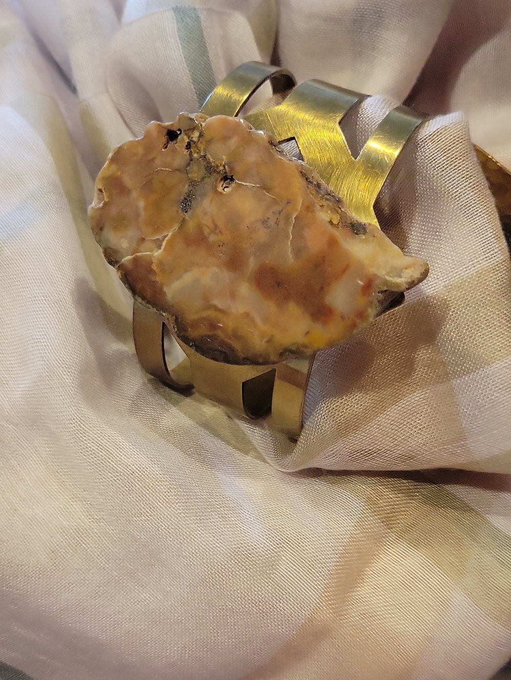 Stunning Brass Artist Made Cuff Bracelet W/ Gogeous Agate Slab EUC